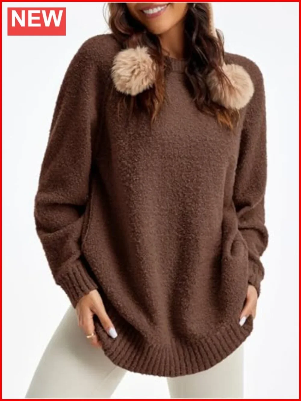 Womens Oversized Fuzzy Sweater Crew Neck Long Sleeve